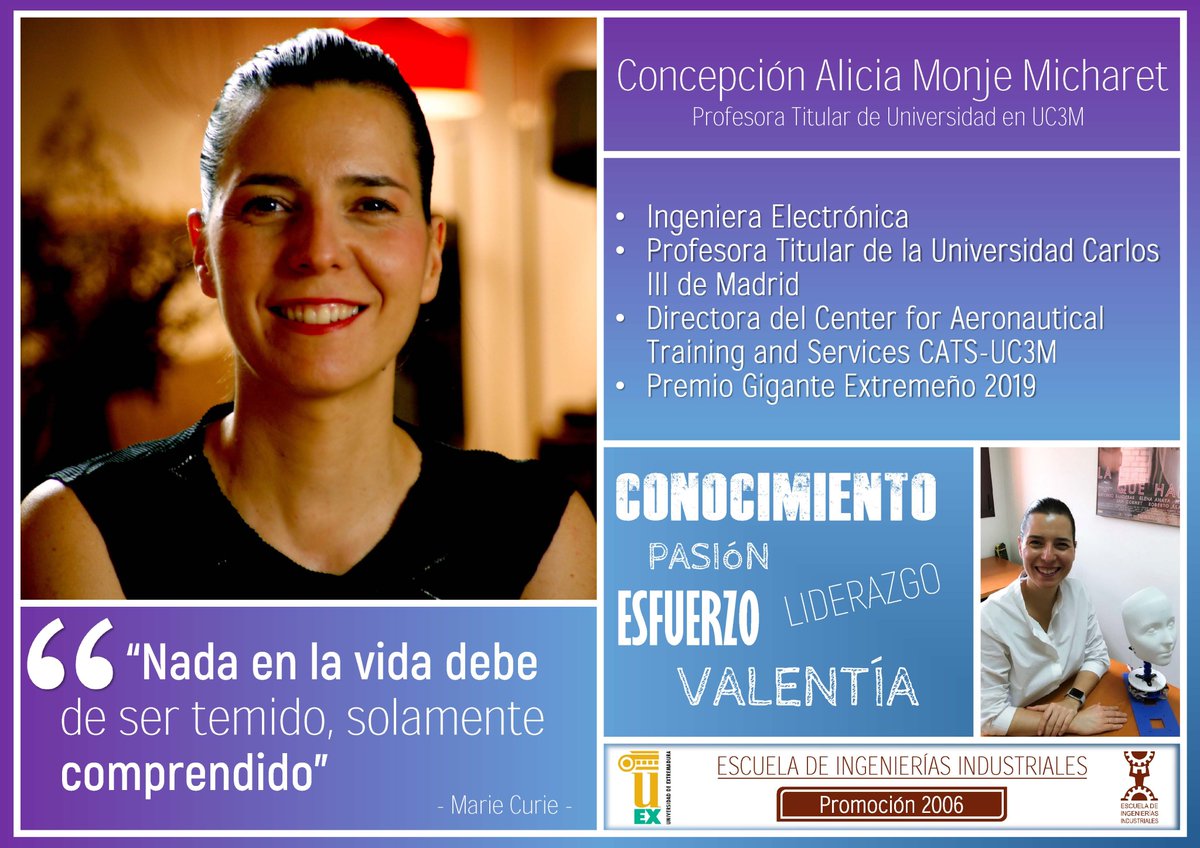 Hoy presentamos a Concha  Monje Micharet, Profesora Titular e Investigadora en Robótica de la <a href="/uc3m/">UC3M</a>, gran comunicadora, estudiante de la promoción de 2006 de nuestra <a href="/eii_uex/">E.II.II. UEx</a> de la <a href="/infouex/">UEx</a>. Destacamos su pasión, ilusión, esfuerzo, conocimiento y valentía. <a href="/CEXITI/">CEXITI</a> <a href="/ingenieros_ext/">Ingenieros_Ext</a>