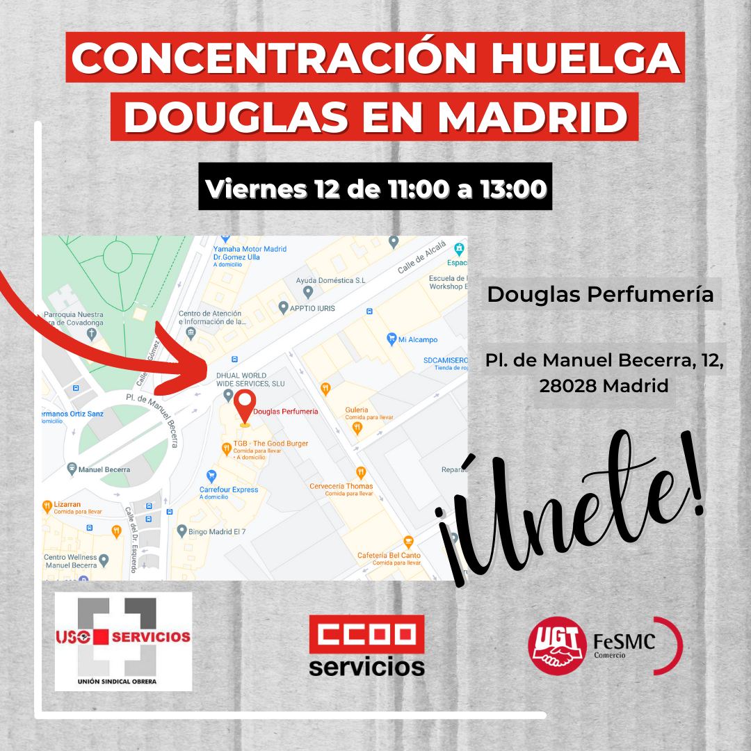 🔴 HOY| #Huelga en <a href="/Douglas_esp/">Perfumerías Douglas</a> 

Contra el #ERE injustificado. 
📍Nos concentramos a las 11:00 en la Plaza de Manuel Becerra, 12 (Madrid).

➡️ccoo-servicios.es/html/51310.html