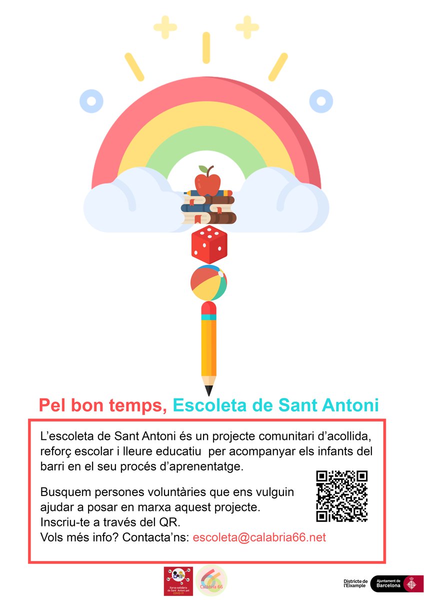 calabria_66's tweet photo. [VOLUNTARIAT]
🎒L'Escoleta de Sant Antoni ha arribat al barri!
Un projecte comunitari d'acollida, reforç escolar i lleure educatiu.
Busquem persones voluntàries per a posar en marxa l'escoleta. Apunta't i t'informarem📝https://t.co/TZ2dP80ZGz https://t.co/OUBs052enU