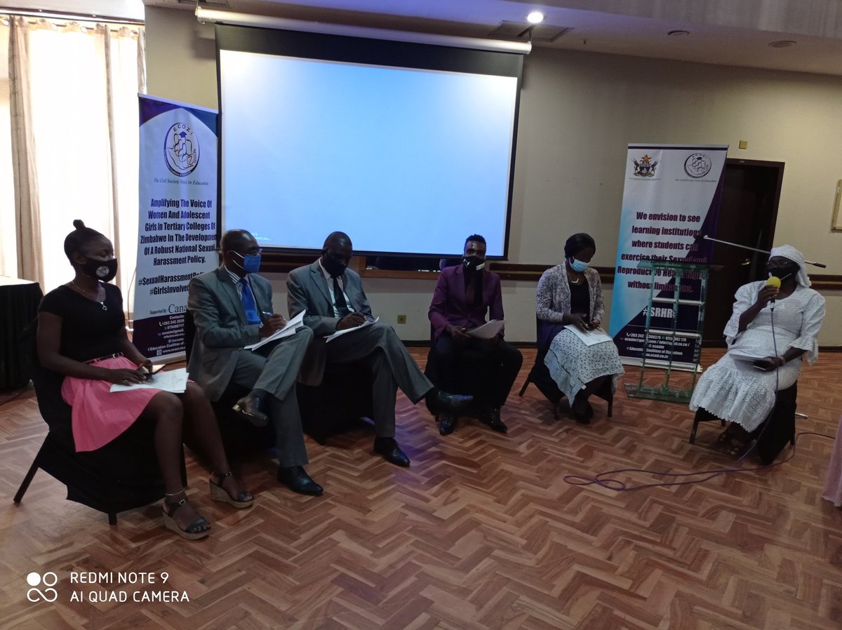 ecozim's tweet photo. Panel discussion titled.
"Who should end Sexual Harrassment in Places of Higher Education?
On the panel we have students , lecturers & representatives from @mhtestd
Anyone can be a victim/ perpetrator of Sexual Harassment
We should report it to end it
#SexualHarassmentPolicy https://t.co/K8B640CZYk