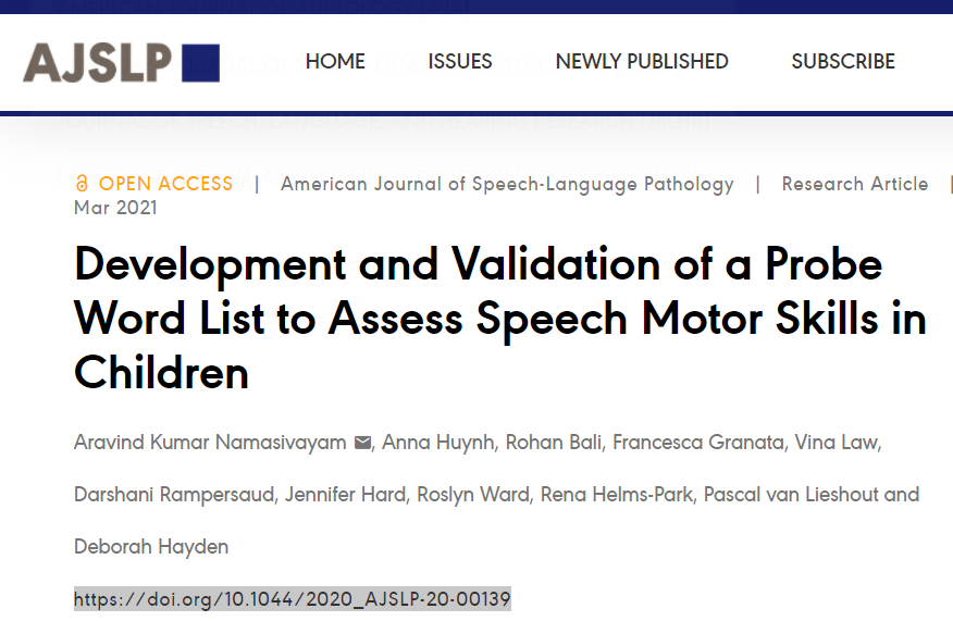 Do you want a standardized, reliable and valid word list to assess speech motor control in children? Here it is - our latest paper! FREE OPEN ACCESS (Please feel free share, tweet, post etc) <a href="/eddychwong/">Eddy Wong @eddychwong</a> <a href="/speechwoman/">Caroline Bowen, Speech-Language Pathologist 🇦🇺🌻</a>     <a href="/BITSlabNYU/">Tara McAllister</a>  <a href="/SharynneMcLeod/">Sharynne McLeod</a> 
doi.org/10.1044/2020_A…