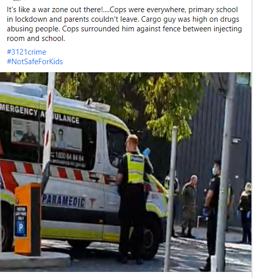 SophiePappasAU's tweet photo. Man storms into #InjectingRoom goes nuts. Leaves room drug affected, abuses people in the area. Primary school locked down, cops every. It's a #WarZone in #Richmond @DanielAndrewsMP @FionaPattenMLC @MartinFoleyMP @7NewsMelbourne @9NewsMelb @TomElliott3AW @theheraldsun https://t.co/4qwgSlJu1I