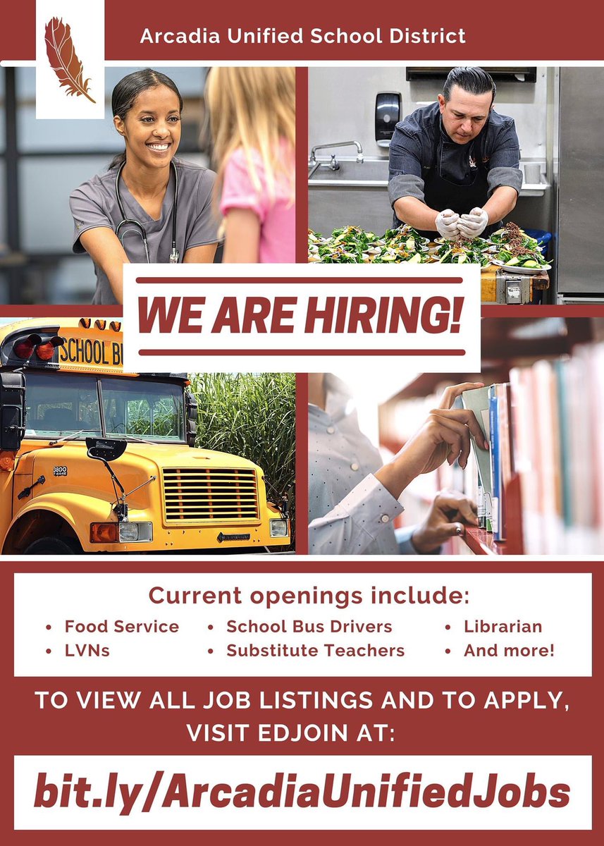 WE ARE HIRING! From LVNs to food service workers, a District Librarian to substitute teachers &amp; more, we are excited to add more amazing staff to our world-class #ImagineInquireInspire team! 🤩

To see all of our current openings &amp; to apply, visit bit.ly/ArcadiaUnified… !