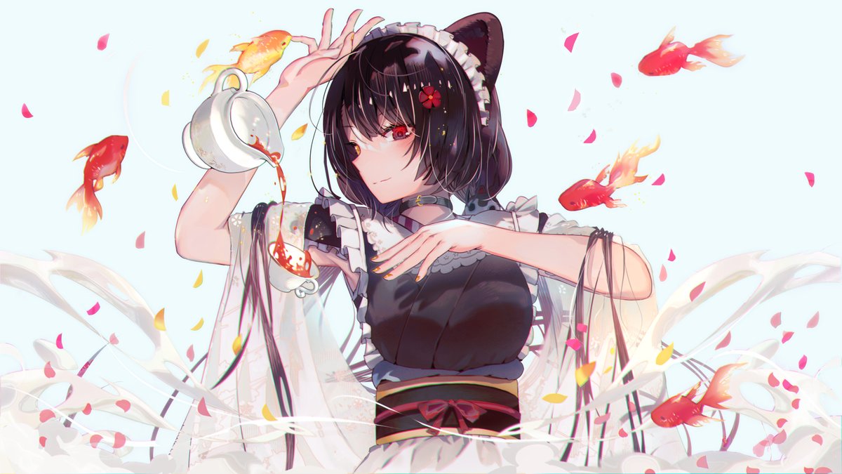 inui toko 1girl hair flower flower animal ears hair ornament red eyes japanese clothes  illustration images