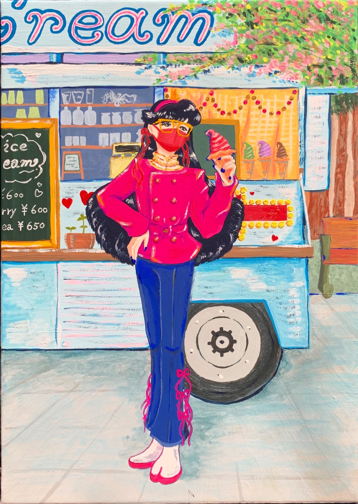 朱華音 あかね 令和レトロガール My Traveling Style 私のご褒美 明るく振る舞うの コロナで辛い中でも自分のするべきこと したいこと 挑戦を諦めない女の子たちです アクリル絵の具 レトロ レトロガール 令和レトロ