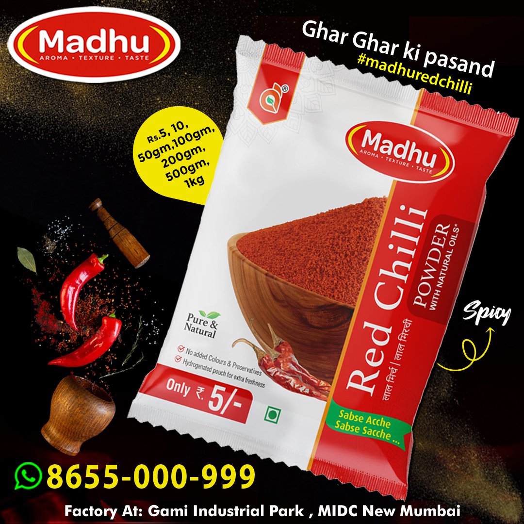 #madhu_redchilli_powder 

Tasty Export Quality Spices 

we are looking to expand our sales network in Thane,Palghar,Mumbai,Navi-Mumbai,MMR

For Dealers & Distributors for more information do reach us at 8655-000-999