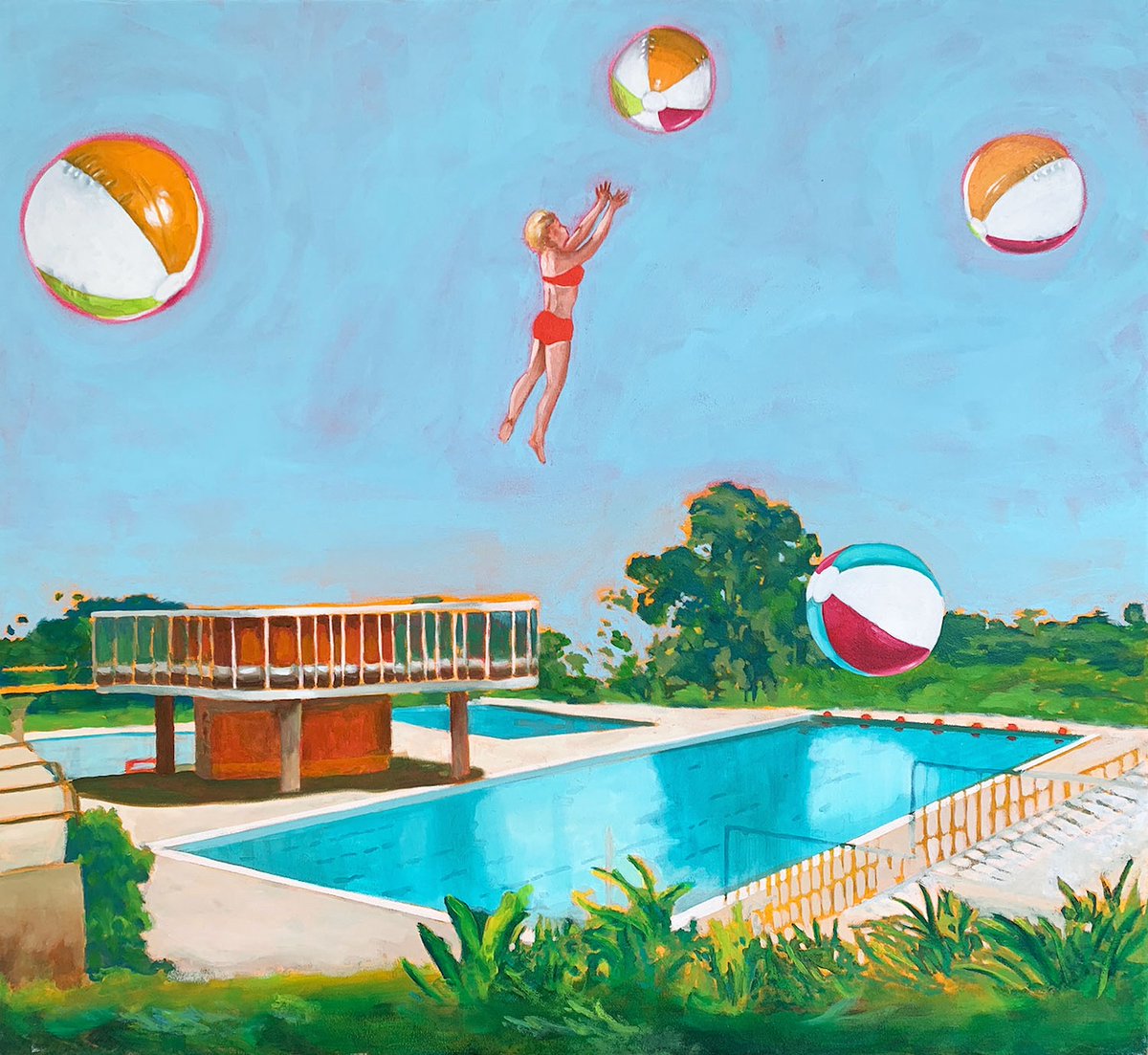 reseyspru's tweet photo. #PoolPaintings 22:
Spring-heeled Jackie, oil & graphite on polyester, 2020, Maz Dixon.
With the backdrop of Brisbane's 'artistic' 1959 Centenary Pool, Maz Dixon recreates a retro postcard look, referencing the folklore tale of extraordinary London leaper, Spring-heeled Jack. https://t.co/GsvORfEUzi