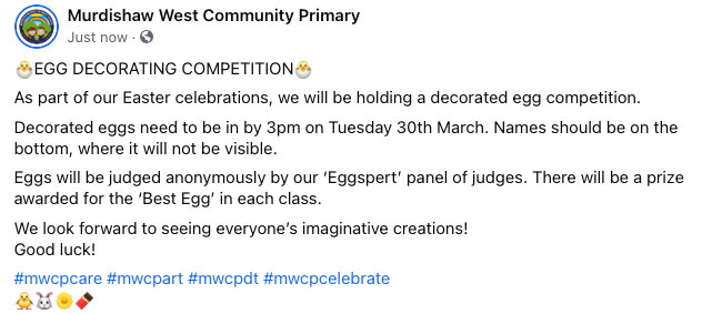 murdishawwest's tweet photo. 🐣EGG DECORATING COMPETITION🐣
As part of our Easter celebrations, we will be holding a decorated egg competition......
#mwcpcare #mwcpart #mwcpdt #mwcpcelebrate
🐥🐰🌼🍫 https://t.co/I6DzjfUIPw