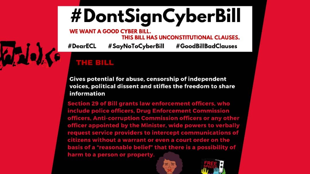 chongomedley's tweet photo. In it's current state, the bill will leave enough room for abuse of power by these law enforcers. @EdgarCLungu please hear us out and send the bill back for more revision. Ta papata ba kateka.
#DearECL #ZambiaCyberBill #DontSignTheBill https://t.co/YZB5RTWVSy