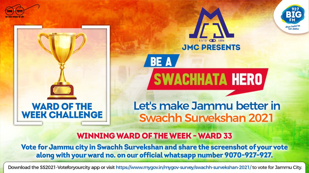 RJjuhie's tweet photo. Congratulations ward no 33 for winning #WardoftheWeek title..
If u want ur ward to participate in this, whatsapp ur ward no to 9070927927
@jmcjammu presents #BeASwachhtaHero an initiative by JMC n @BIGFMJammu towards making Jammu better
#SwachhSurvekshan2021 @SwachSurvekshan https://t.co/tZRdZI1FNP