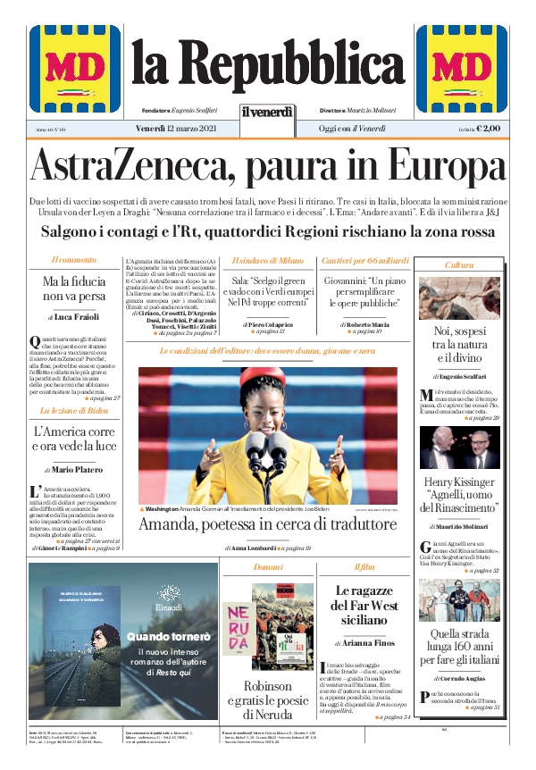repubblica's tweet image. Buongiorno con la prima pagina di oggi #12marzo larep.it/primapagina 📰