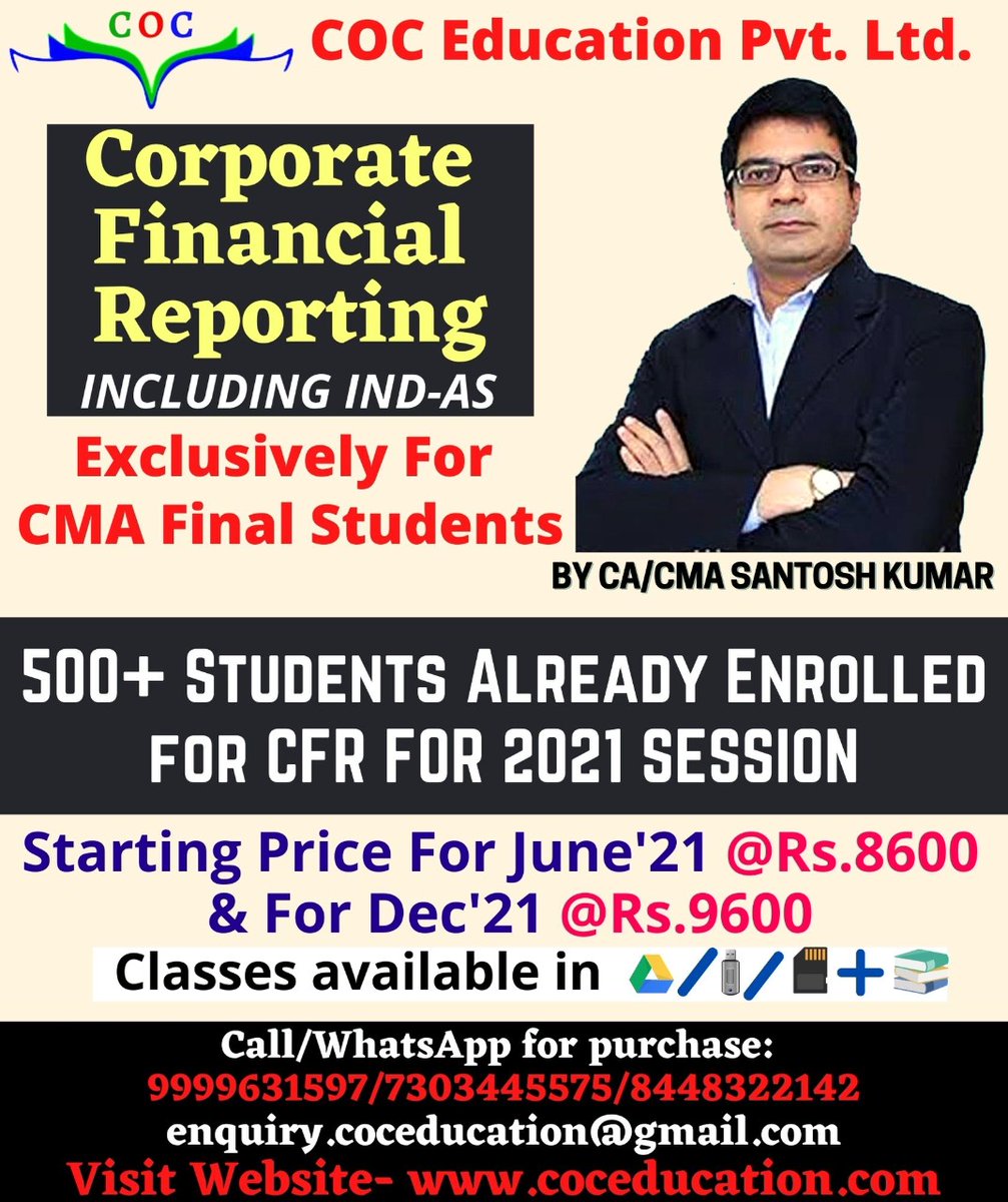 cacmasantosh's tweet photo. For purchase Inquiry call/WhatsApp @ 8448322142, 7303445575, 9999631597
Visit Website- https://t.co/NgNh6kgkTx
#coceducation
#accounts
#videoclasses
#india
#leading
#institute
#santoshkumar
#cfr
#cmafinal
#icmai https://t.co/yxxW4gwkg7