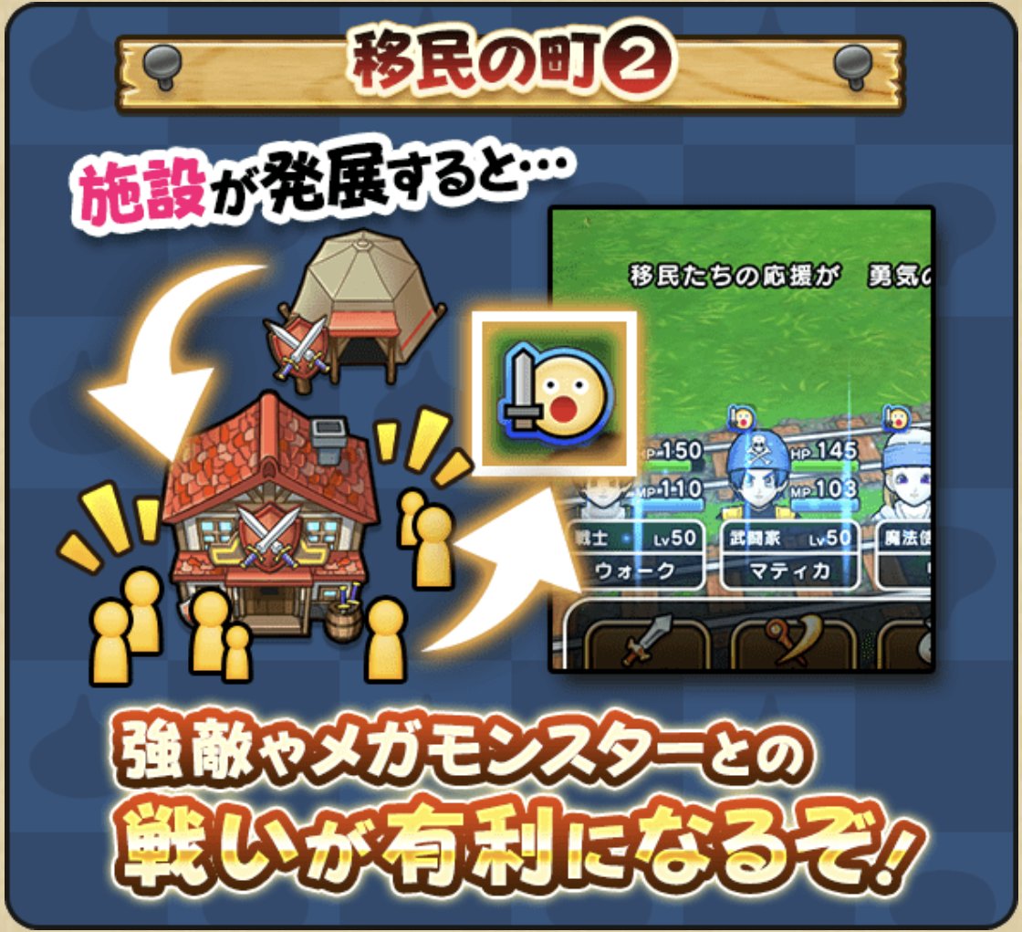 ドラクエウォーク攻略 Game8 また 街の発展に必要になる 特別な移民 がいるようです 条件を満たして特別な移民 を招待すると 町のグレードが上がり限定の家具や称号などの特別な報酬が入手できるようです どんどん移民の町を発展させて イベントを