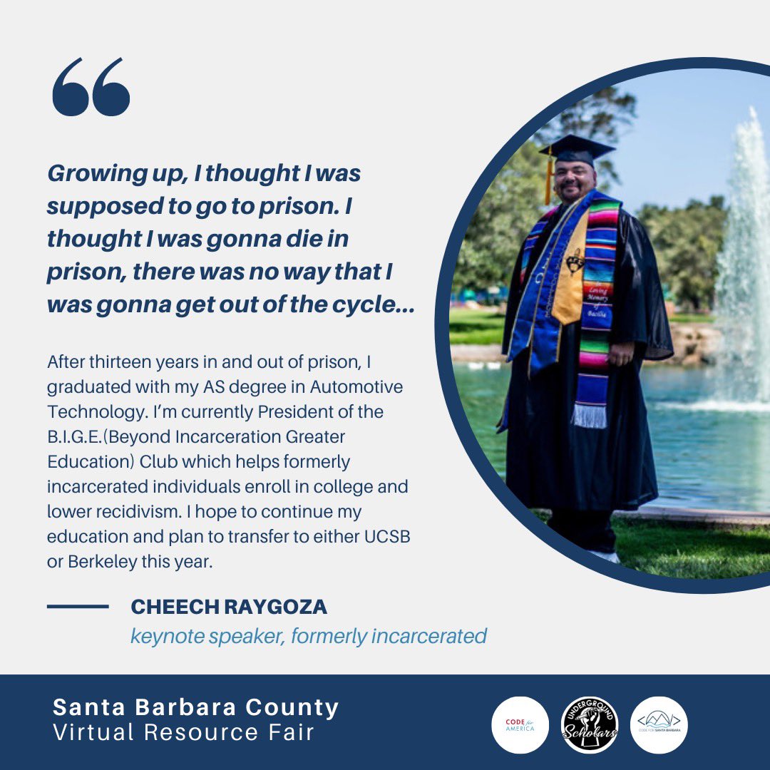 codeforSB's tweet image. Get your questions answered at the resource fair and hear from several speakers who have been able to navigate the reentry process, like a Cheech! 

Code For SB is working is collaboration with @codeforamerica and @undergroundscholarsucsb . Register here:  live.remo.co/e/santa-barbar…