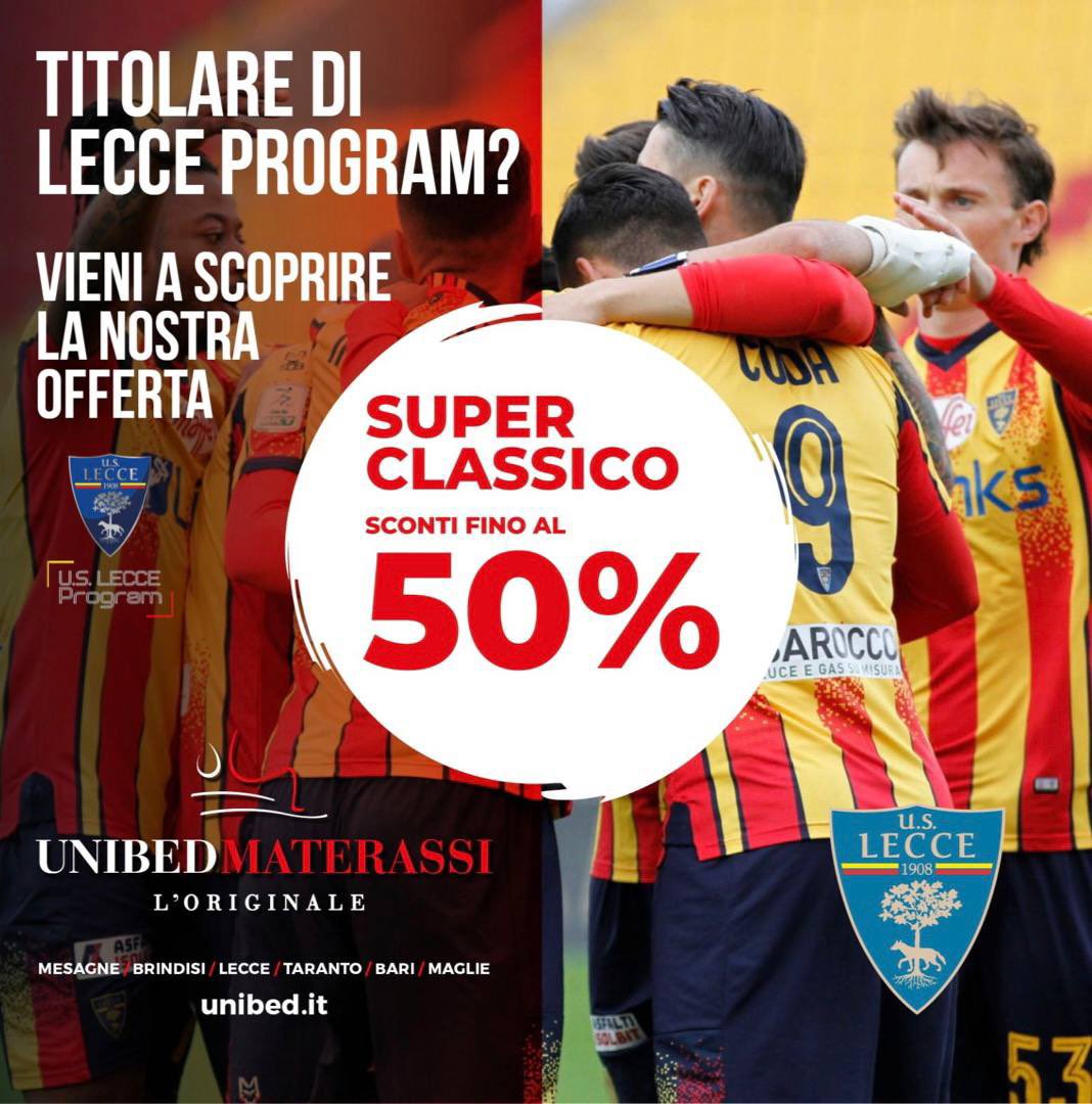 OfficialUSLecce's tweet photo. US LECCE PROGRAM 💛❤️
UNIBED Materassi offre a tutti i sottoscrittori di U.S. Lecce Program sconti fino al 50%! https://t.co/CXGfek5HVH #uslecceprogram https://t.co/XFiSfHQNpJ