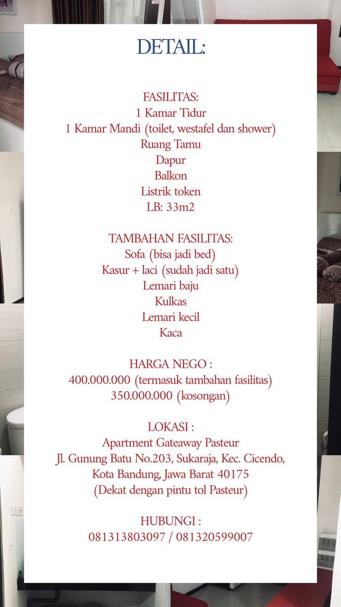 imeeeell's tweet photo. Twitter do your magic!!
Aku jual apartement nih gais, siapa tau ada yang lagi nyari atau butuh, boleh atuh di liat2 dulu sama tanya2 hihihi🥰
(NB : buat detail fasilitasnya bisa liat difoto ya gais😉) https://t.co/pITfRSD4T0