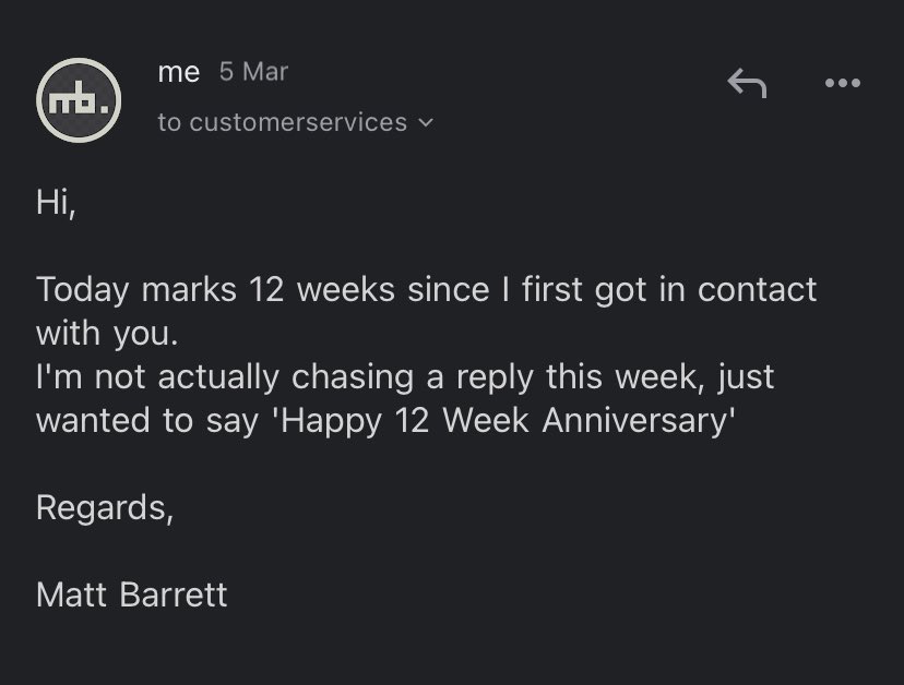 MatthieuBarrett's tweet photo. @peoples_energy 13 weeks of being ignored. 6 seemingly unread/binned emails. Anyways. Just wanted to wish you guys a happy Mother’s Day #peoplesenergy https://t.co/KwYVW2ACkK