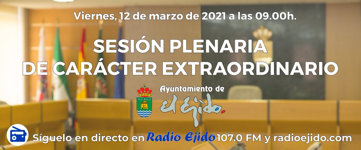 #DIRECTO La Corporación Municipal de El Ejido celebra hoy viernes, 12 de marzo, sesión plenaria extraordinaria. Dará comienzo a partir de las 9,00 horas mediante videoconferencia y contará con 23 puntos en el orden del día. Puedes seguirla en directo a través de Radio Ejido.
