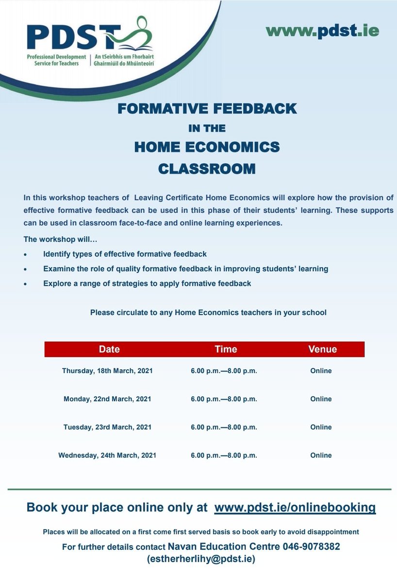 Upcoming Home Economics workshops 👩🏻‍💻👨‍💻

🗣📝Formative feedback in the Home Economics classroom.
📃See flyer attached for details 
➡️To book a place go to pdst.ie/onlinebooking?…
