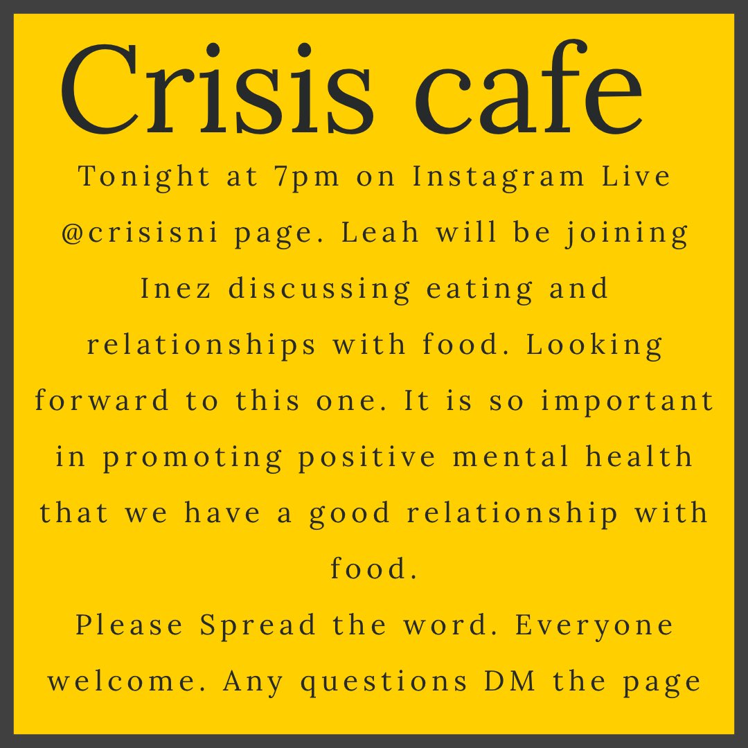 Join us tonight live on Instagram on @crisiscafeni not to be missed #empoweringyouth #MentalHealthMatters #EatingDisordersAwareness