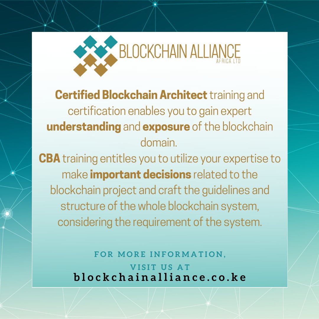 BlockchainAlli4's tweet image. The demands for a #CertifiedBlockchainArchitect are very high and having this #certification will definitely prove your competitive advantage thus leading to quick hire.
Visit blockchainalliance.co.ke 
#blockchaintraining #mombasatech #blockchainnews #ladiesintech #cryptocurrency