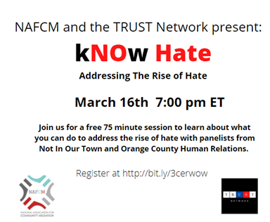 Join panelist from Not In Our Town and OC Human Relations for a discussion on dealing with the rise of hate speech. Learn  how to build hate and bias response teams in response to the rise of hate.  Register today at  bit.ly/3cerwow  #NAFCMHere2Hear