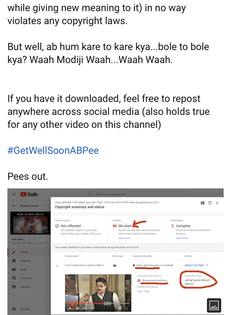 thepeeinghuman's tweet photo. Hello mitrooooon, Copyright strikes have made a comeback along with me on this channel.
ABP news has decided to BLOCK the Mithun Cobra video worldwide &amp; it can no longer be seen on youtube :(
RT for #GetWellSoonABPee https://t.co/7psuDNeAlP