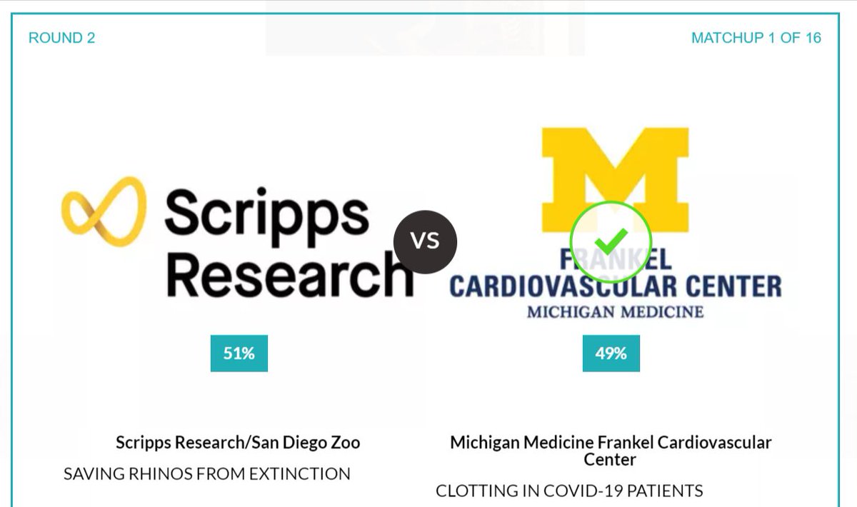 Just a couple more days left in Round 2 of this year's #STATMadness tournament. 

Both remaining <a href="/umichmedicine/">Michigan Medicine</a> &amp; <a href="/UMengineering/">Michigan Engineering</a> discoveries are running neck and neck with our competitors. 

It takes 20 seconds to support our teams. #GoBlue

Vote: statnews.com/feature/stat-m…