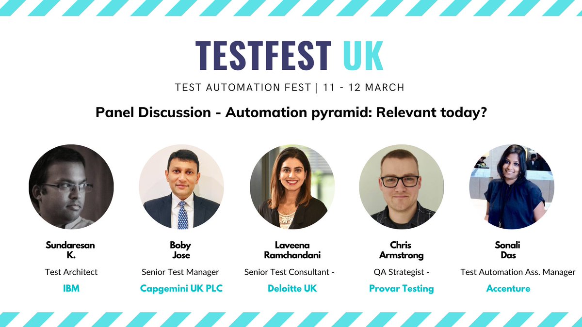 Coming up next in #thetestfest #UK - Panel discussion on 'Automation pyramid: Relevant today?' 

- Sonali Das
- <a href="/bobyjose/">Boby Jose</a> 
- <a href="/chennaimail/">Sundar</a>
- <a href="/christovskia/">Chris Armstrong</a> 
- <a href="/Laveena_18/">Laveena</a>

Starting in a few! Tune in now!

bit.ly/testfest-uk