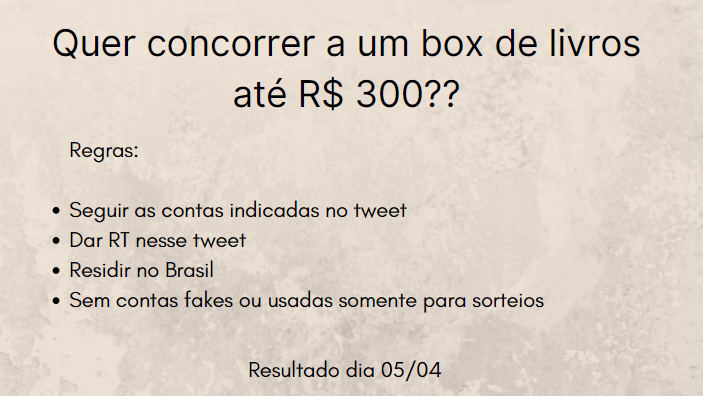 booksofertas's tweet photo. SORTEIO VALENDO UM BOX DE ATÉ R$ 300,00!!

Regras:

- Seguir @booksofertas / @aeIinglthyns / @favskyliex 
- Dar RT nesse tweet

e pronto, você já está concorrendo (caso seja necessário iremos acrescentar mais regras nas respostas do tweet)

Resultado será divulgado dia 05/04 https://t.co/vwRWKn8IE7