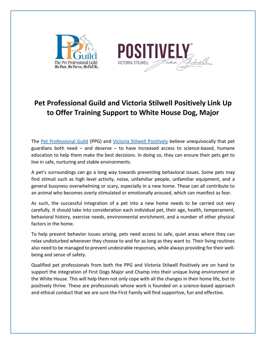 PetGuild's tweet image. Pet Professional Guild and Victoria Stilwell @VictoriaS Positively Link Up to Offer Training Support to White House Dog, Major  @harmeeeetkaur @KateBennett_DC #dogs #dogtraining #firstdogs #ovalpawffice