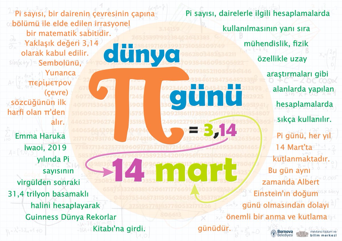 14 Mart Dünya Pi Günü 

#BornovaBelediyesi #MevlanaToplumveBilimMerkezi #GençKaşiflerBilimEvi #DünyaPiGünü #14Mart