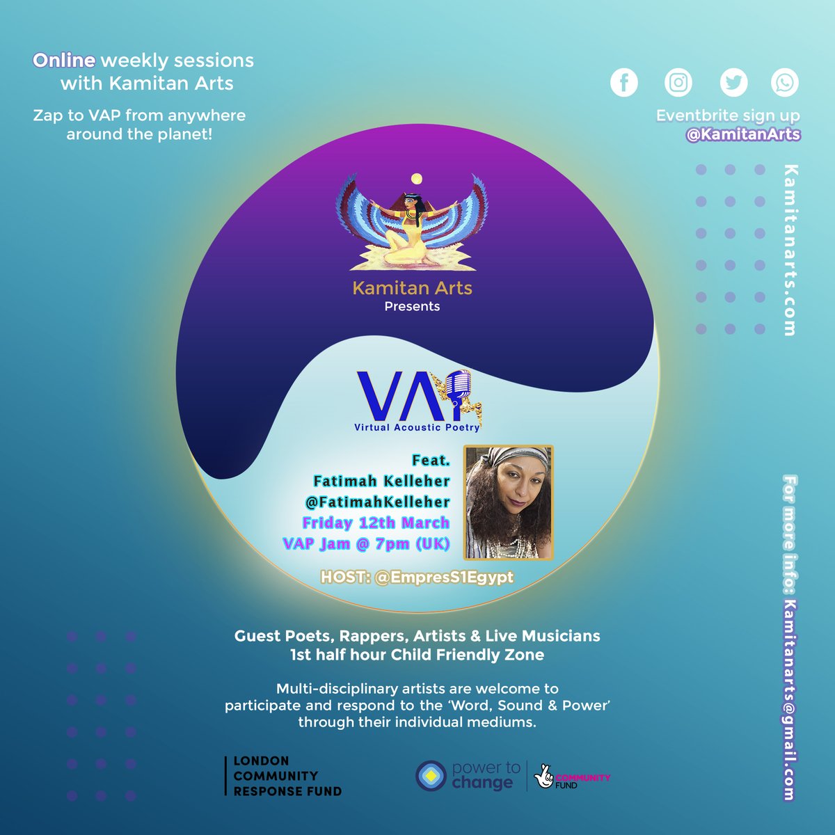 KamitanArts's tweet photo. In the spirit of #WomensHistoryMonth here's Aamasade @ VAP (Virtual Acoustic Poetry) Jam https://t.co/8FaxkCHf4j. TONIGHT's Guest Artist is @fatimahkelleher - International  Women's Rights Strategist, Published Poet, Founder of Urban Griots. 7pm, Free://tinyurl.com/VAPJamFRI2021 https://t.co/Q8Y7TrDOvE