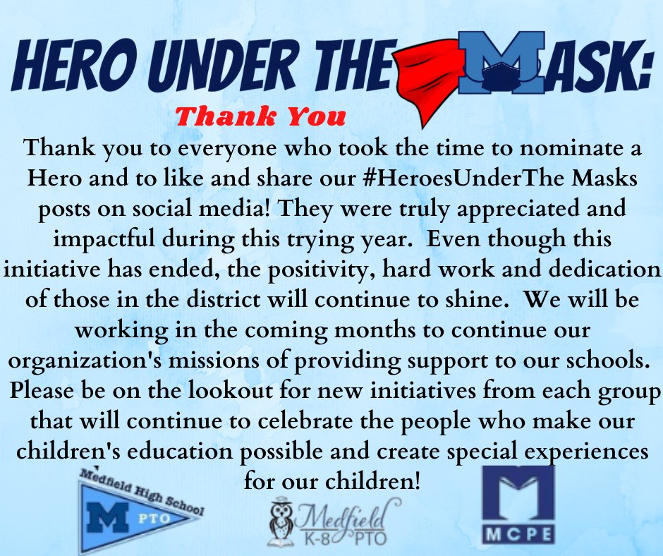 Medfield K-8 PTO (@medfieldk8pto) on Twitter photo Thatโs a wrap on ๐๐๐ง๐ค๐๐จ ๐๐ฃ๐๐๐ง ๐๐๐ ๐๐๐จ๐ ! Since Nov weโve celebrated the heroes &been inspired by how they went above &beyond. While this campaign has ended, we know that the hard work &dedication will continue to shine. #HeroesUnderTheMask <a href="/JeffreyJMarsden/">Jeffrey Marsden</a> Thatโs a wrap on ๐๐๐ง๐ค๐๐จ ๐๐ฃ๐๐๐ง ๐๐๐ ๐๐๐จ๐ ! Since Nov weโve celebrated the heroes &been inspired by how they went above &beyond. While this campaign has ended, we know that the hard work &dedication will continue to shine. #HeroesUnderTheMask <a href="/JeffreyJMarsden/">Jeffrey Marsden</a>