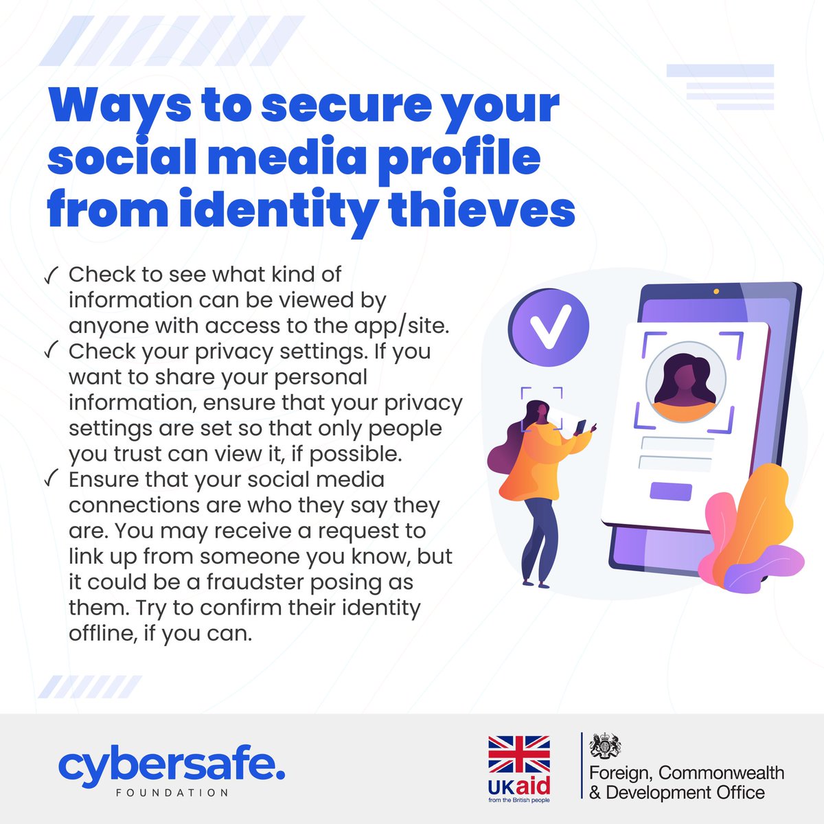cybersafehq's tweet photo. Cybercriminals specialize in taking on other people's identities on social media and using them for fraudulent purposes.
Here a few tips to help you prevent identity theft on social media.
#SDCDC19 #Cybersafe #NoGoFallMaga #identitytheft #Dangote #cybersafetytips #socialmedia https://t.co/K9LbHOZmNL