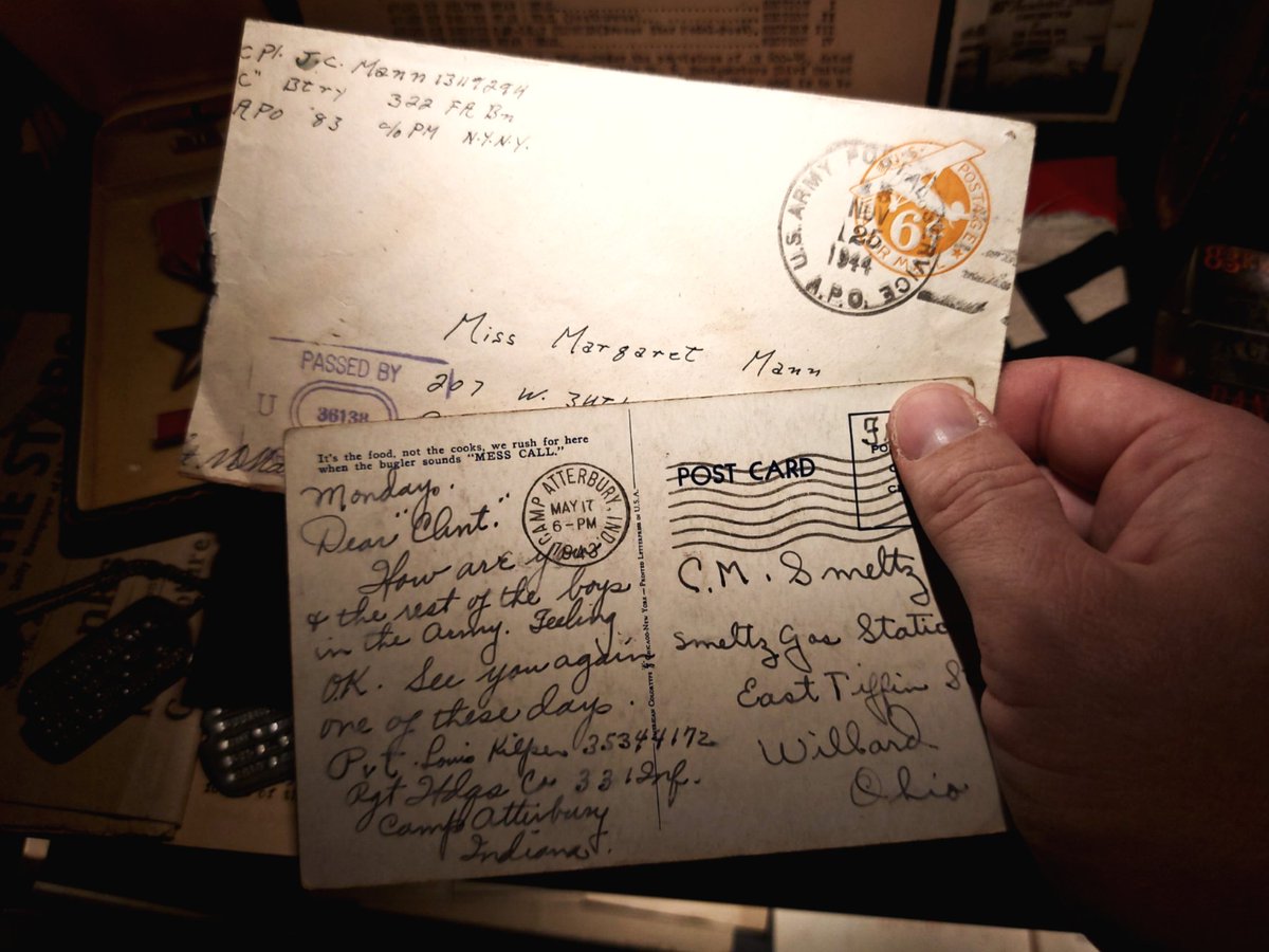 83rdThunderbolt's tweet photo. Two new arrivals in my collection: an envelope from the Cpl Julian C. Mann (ASN 13119294) from the Btry C, 322nd F.A. Bn and a postcard from the Pvt Louis Kilper (ASN 35344172) from the HQ Co., 331st IR.

#83rdInfantryDivision #83rdInfDiv #WWII #WW2 #WW2History #WW2Collection https://t.co/Q2HHUbQC4l