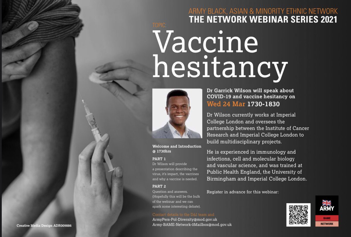 Karl_R_Harris's tweet photo. @ArmyBAME Ntwk, #veterans &amp; allies are invited to a webinar (24 Mar, 1730) on #vaccine hesitancy, w/ guest spkr Dr Garrick Wilson @imperialcollege . Excellent opportunity. Pse RT. @UrchTyrone @ArmySgtMajor @D_Morgan_10 @field_army @AlastairBruce_ @zacstenn https://t.co/vv3EKOIVr3