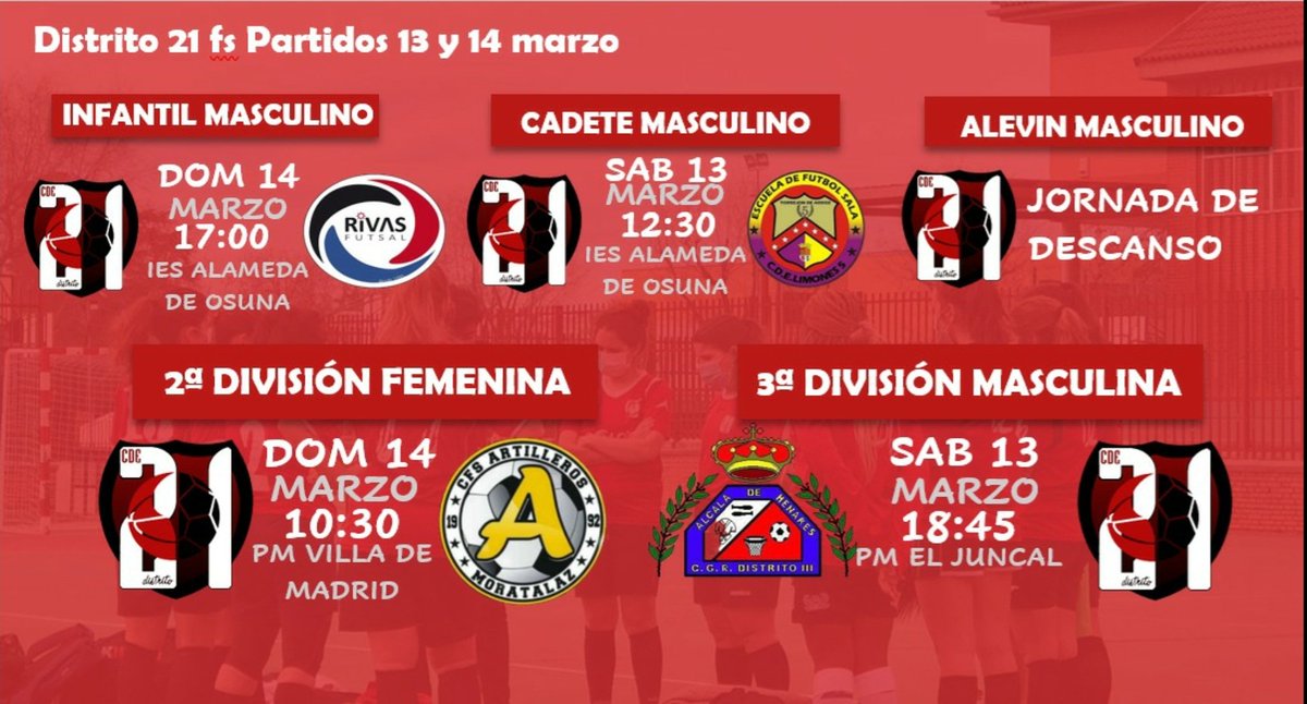 📢Que ganas de fin de semana, que ganas de partidos de nuestros equipos! Nueva jornada que promete ser interesantisima donde lucharemos por sumar nuevas victorias a nuestros casilleros!
🔴⚫¡VAMOS DISTRITO!🔴⚫
#YOSOYD21 #FAMILIAD21