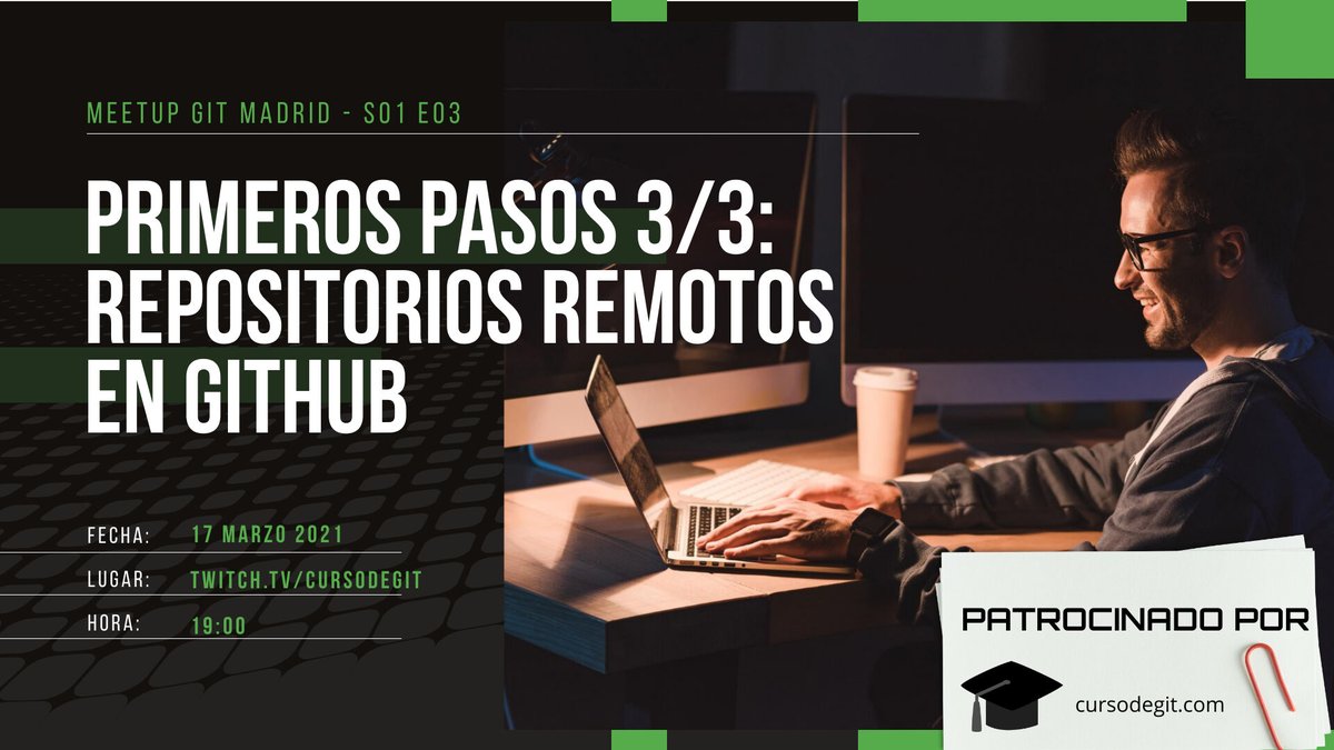Cursodegit's tweet image. Ya puedes apuntarte a la próxima reunión (virtual) del grupo de usuarios de #git de Madrid. Será el miércoles 17 de marzo: "S01E03 Primeros pasos 3/3: Repositorios remotos en #GitHub". Tienes toda la información en la página de meetup del grupo
bit.ly/3rQofCJ