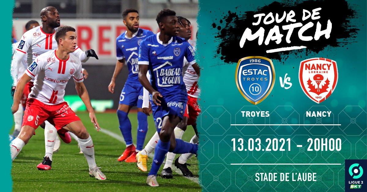 🏆 29e journée de <a href="/Ligue2BKT/">Ligue 2 BKT</a> 
🆚 <a href="/estac_officiel/">ESTAC Troyes</a> 
🏟️ Stade de l'Aube ⌚️ 20h
📺 <a href="/beinsports_FR/">beIN SPORTS</a> 
📻 @bleusudlorraine 
💻 <a href="/asnlofficiel/">AS Nancy-Lorraine</a> &amp; asnl.net
#️⃣ #ESTACASNL