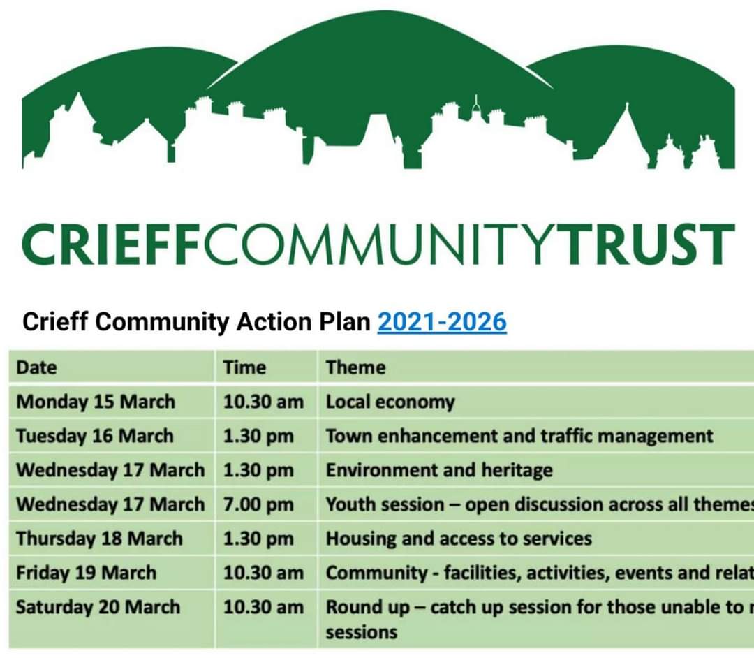 CreativeCrieff's tweet image. We would love to encourage #Crieff residents to have their say on the future of our town, come along next week to these sessions to hear plans and ask any questions! Thanks to @CrieffCommTrust and Crieff #CAP #CommunityActionPlan for leading plans for the next 5 years #together