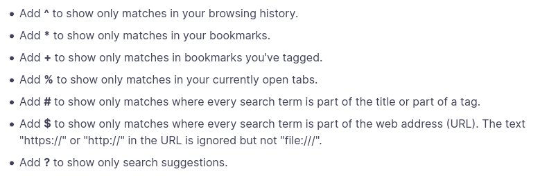 TIL: <a href="/firefox/">Firefox 🔥</a> has a number of address bar prefixes you can use to search for specific items. Particularly interesting:
* allows you to search bookmarks
% allows you to search open tabs

Makes switching tabs with the keyboard much easier! More details: support.mozilla.org/en-US/kb/addre…