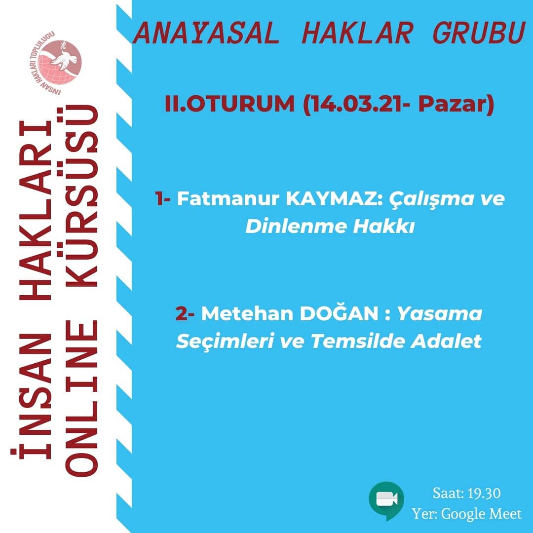 İnsan Hakları Online Kürsüsü etkinliğimize devam ediyoruz!🎉Çeşitli fakültelerden arkadaşlarımızın da katılım sağlayacağı etkinliğimizde her öğrenci kendi seçtiği konuda sunum yapacaktır. Bu haftaki temamız Anayasal Haklar. Etkinliğimize katılım formu için instagram.com/p/CMT-0CfgLG4/…