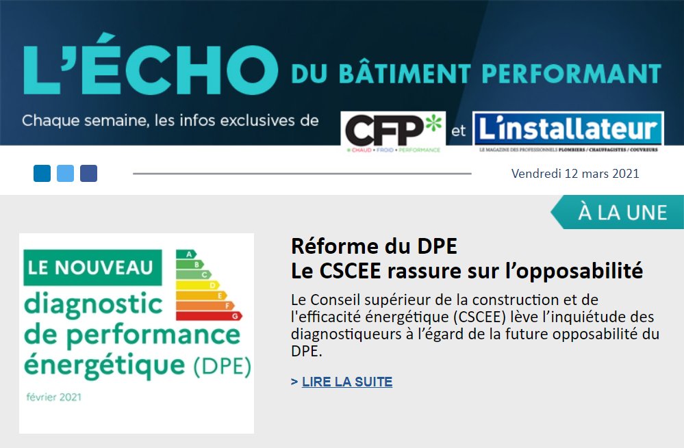 ✳️⚠️ A la Une ⚠️✳️
- Le <a href="/Senat/">Sénat</a> étrille la #RE2020
- Réforme du DPE : le CSCEE rassure sur l'opposabilité
- CFP de mars en kiosque
- Dernière ligne droite pour candidater au concours photo @AQC_FR 
- La saison 2 du concours <a href="/EnergiesprongFR/">Energiesprong France</a> 
Tout est là ⬇️
x0h4i.mjt.lu/nl2/x0h4i/z5il…