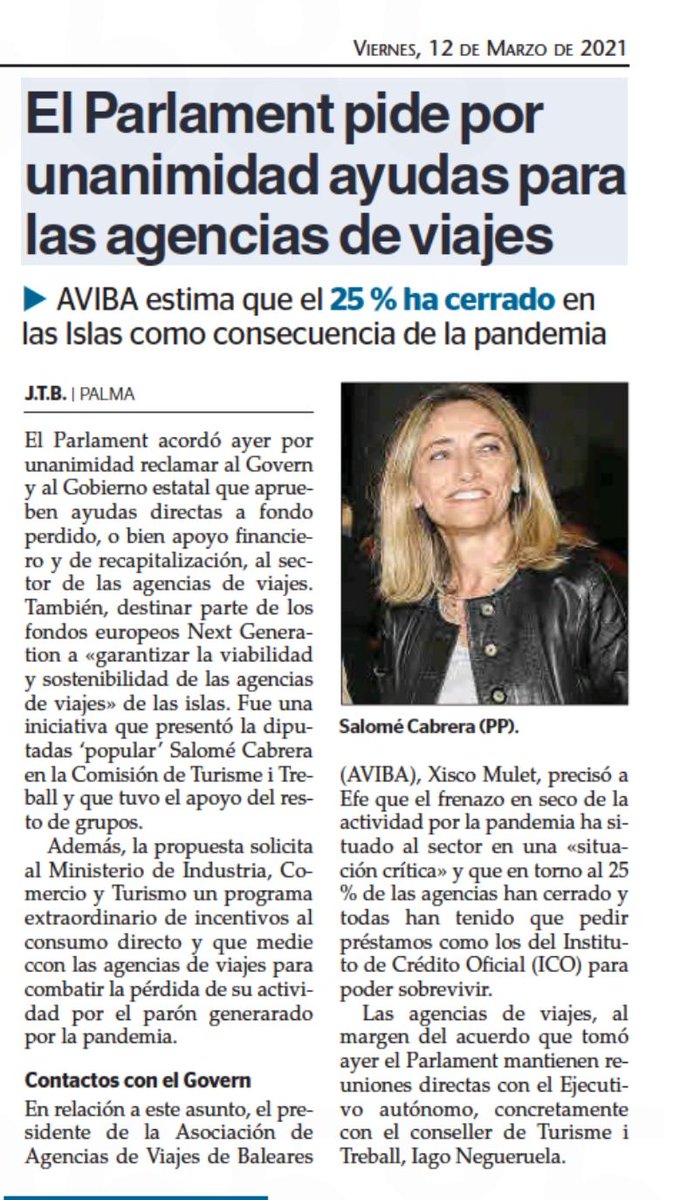 M. Salomé Cabrera (@salomecr) on Twitter photo Aprobada por unanimidad la iniciativa presentada por <a href="/ppbalears/">PP Balears</a> en Parlament para la recuperación del sector de Agencias de Viajes, q viven una situación dramática por la falta de ayudas del Govern Balear y Gobierno Sánchez. Aprobada por unanimidad la iniciativa presentada por <a href="/ppbalears/">PP Balears</a> en Parlament para la recuperación del sector de Agencias de Viajes, q viven una situación dramática por la falta de ayudas del Govern Balear y Gobierno Sánchez.