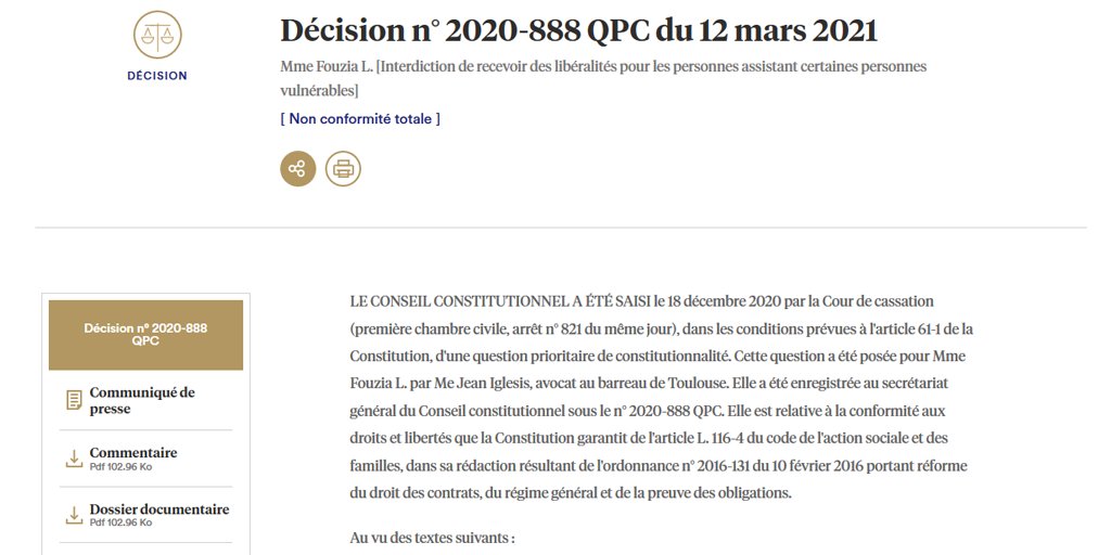 Conseil_constit's tweet photo. Décision n° 2020-888 QPC du 12 mars 2021, Mme Fouzia L. [Interdiction de recevoir des libéralités pour les personnes assistant certaines personnes vulnérables] Non conformité totale
https://t.co/L8iVAYfv2o https://t.co/SiMVpwjQe2