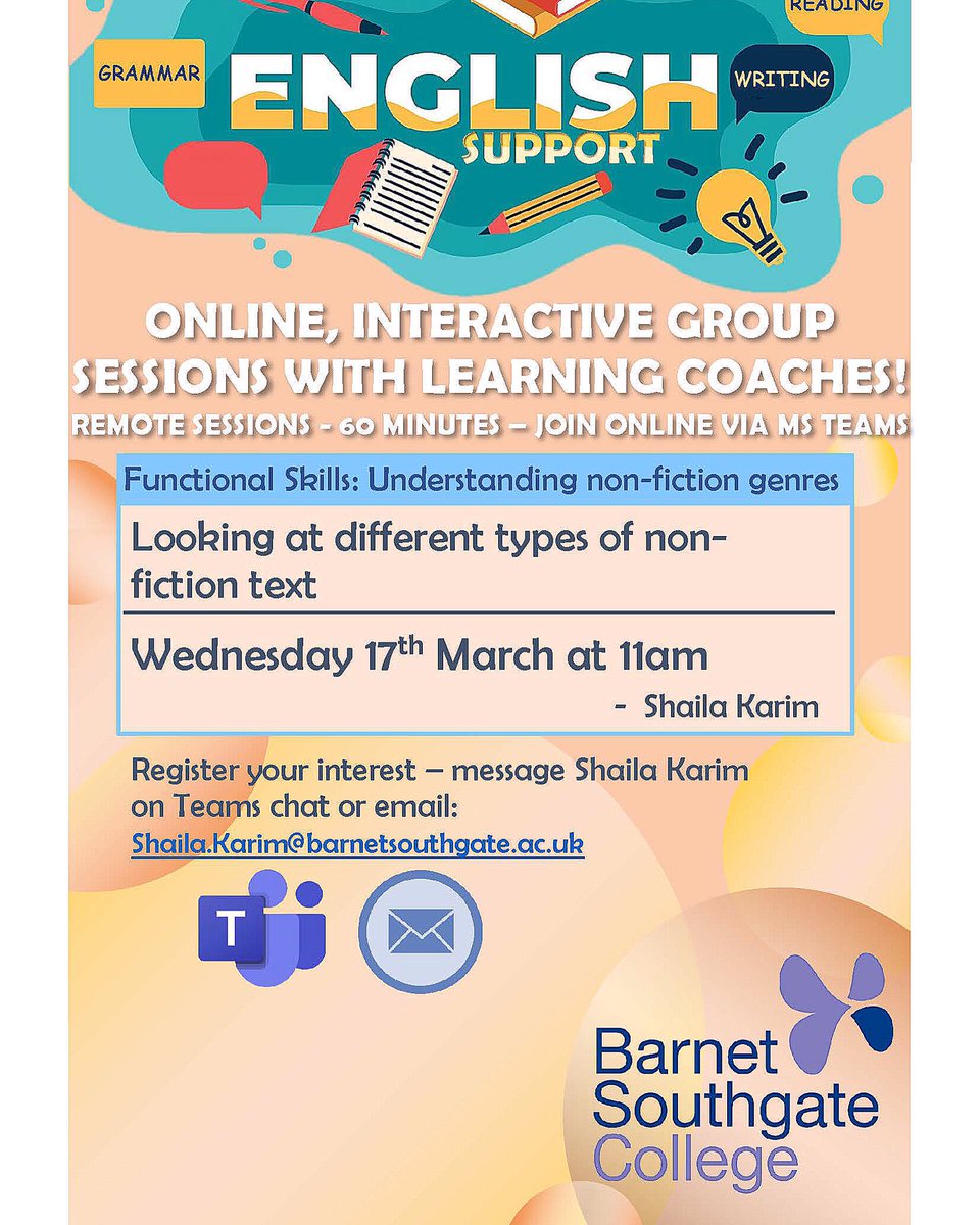 studentservbsc's tweet photo. Get extra help for your English with small, online group sessions from a Learning Coach!
Check out the schedule below for next week!
#englishsupport #studentservices #barnetsouthgatecollege https://t.co/p0xOEeiHVx
