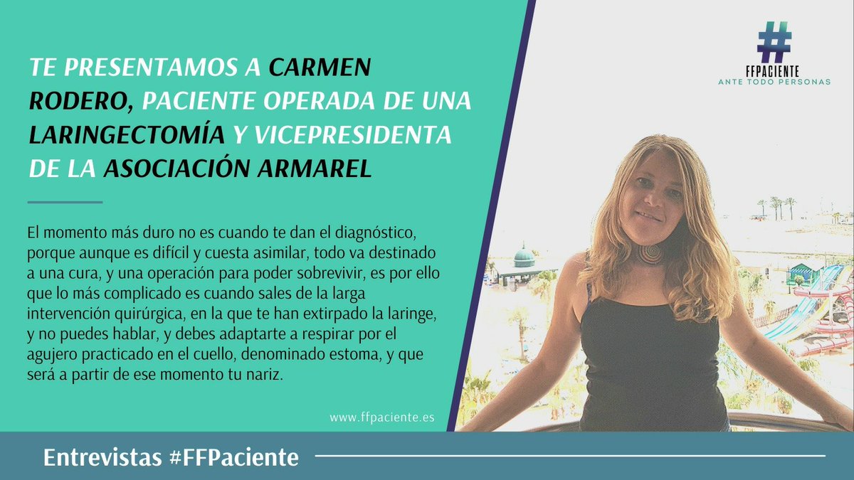 "🗨️Nueva entrevista #FFpaciente ❗

🗣️Nuestra protagonista de hoy se llama Carmen Rodero, persona que vive con una #laringectomía total

❤️Vamos a dar a Carmen una cariñosa bienvenida a la familia de FFPaciente 

Te dejamos la entrevista aquí⤵️
ffpaciente.es/2021/03/carmen…"