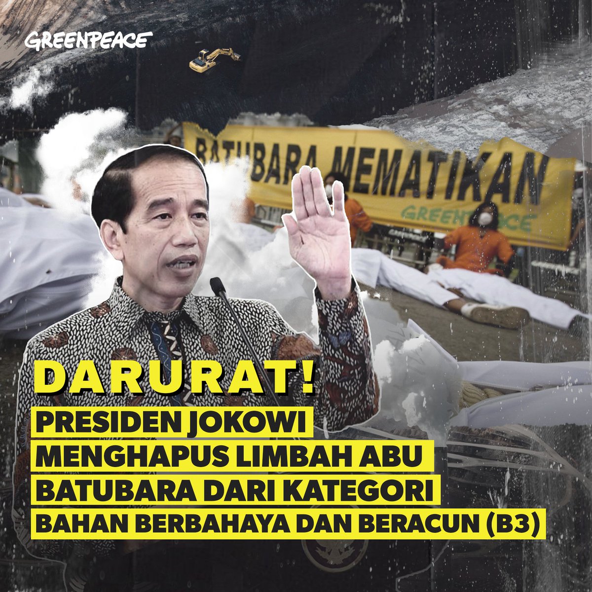 GreenpeaceID's tweet image. Pencabutan limbah abu batubara dari kategori bahan beracun dan berbahaya (B3) oleh Presiden @jokowi adalah sebuah langkah mundur dalam upaya mengurangi kerusakan lingkungan di Indonesia. Dampaknya juga sangat membahayakan bagi kesehatan masyarakat.