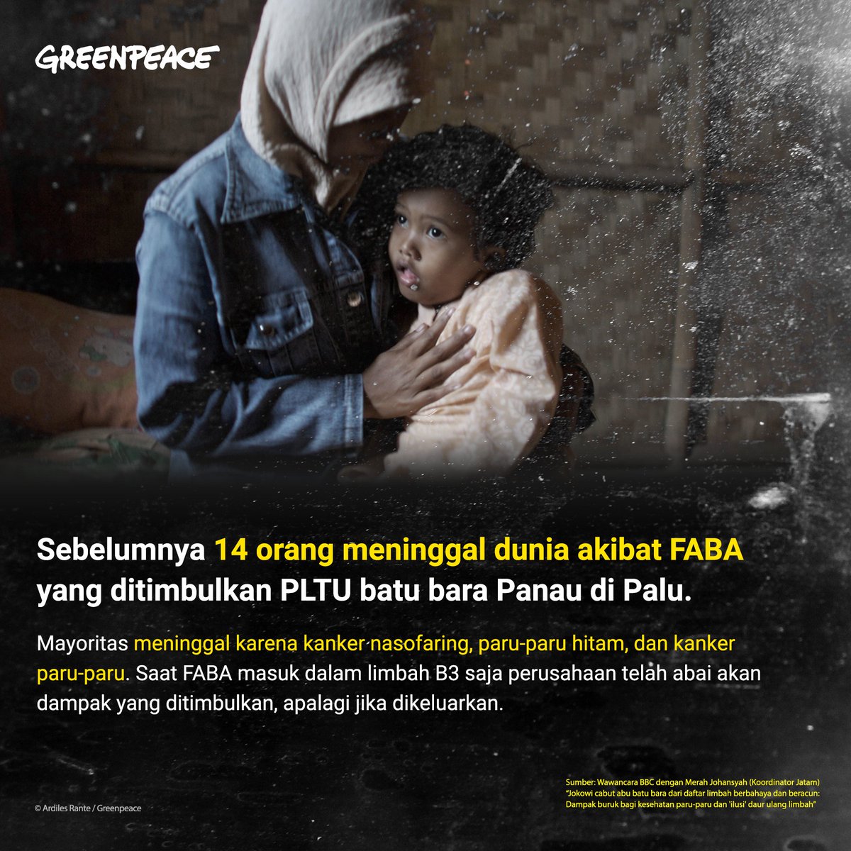 GreenpeaceID's tweet image. Pencabutan limbah abu batubara dari kategori bahan beracun dan berbahaya (B3) oleh Presiden @jokowi adalah sebuah langkah mundur dalam upaya mengurangi kerusakan lingkungan di Indonesia. Dampaknya juga sangat membahayakan bagi kesehatan masyarakat.